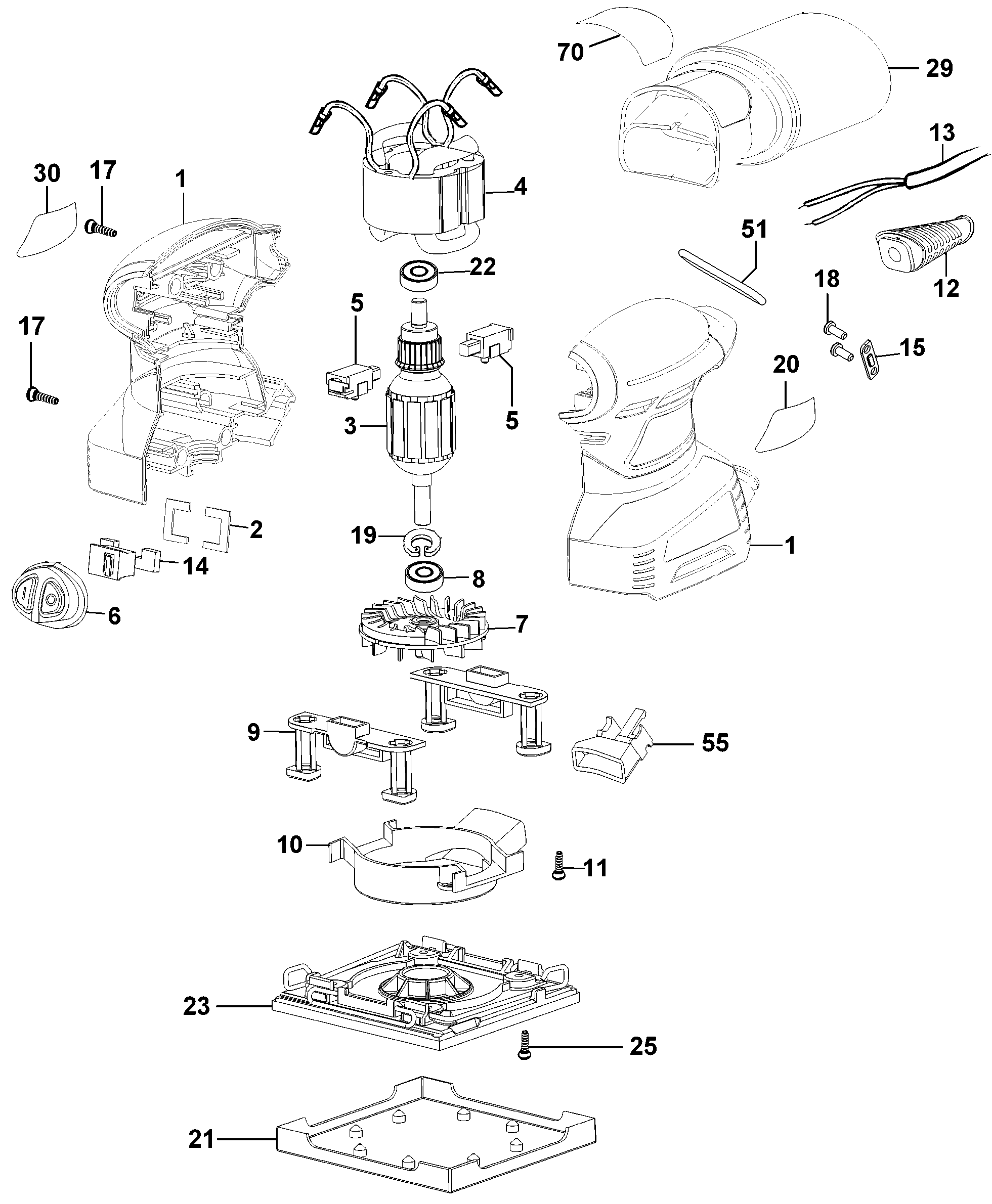 Default Diagram and Parts List for QS800-B3LZ Type 1 Black and Decker Sander Polisher
